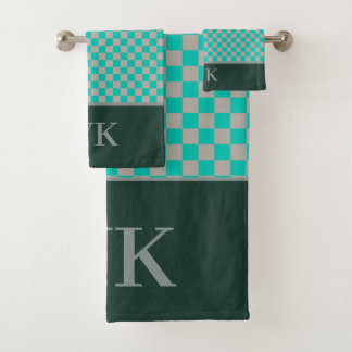 Conjunto De Toalhas Xadrez Verde e Cinza Chic com Monograma para Spa