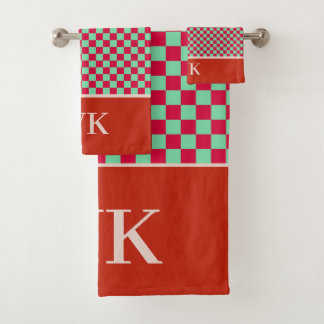 Conjunto De Toalhas Xadrez Vermelho e Verde Chic com Monograma de Spa