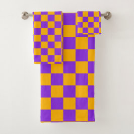 Conjunto De Toalhas Xadrez Violeta Elétrico e Âmbar Dourado