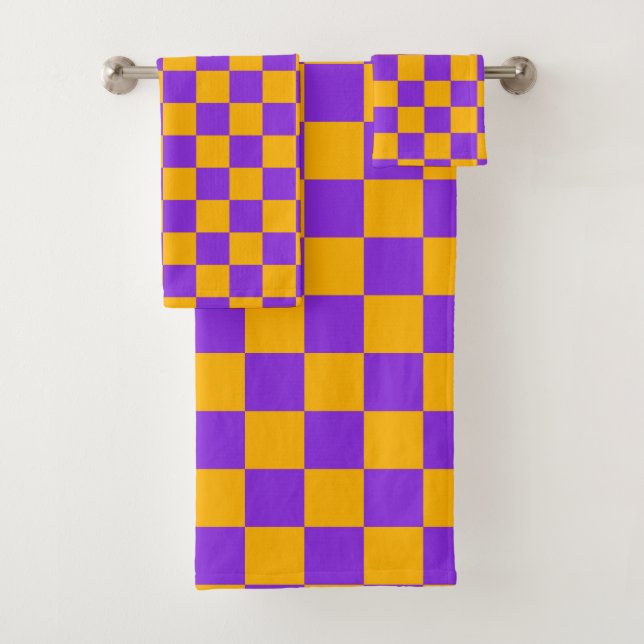 Conjunto De Toalhas Xadrez Violeta Elétrico e Âmbar Dourado (Insitu)