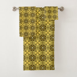 Conjunto De Toalhas Yellow towels with black geometric patterns