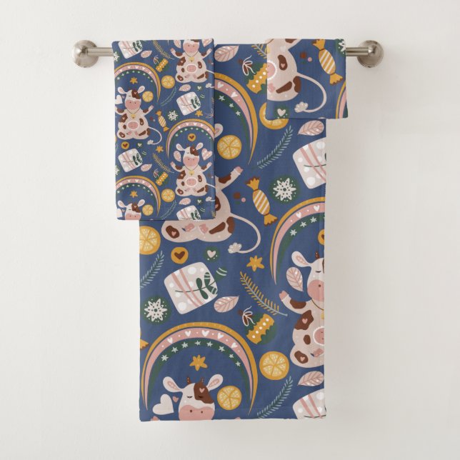 Conjunto De Toalhas Yoga Cow Whimsical Patteric Blue (Insitu)