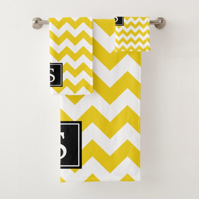 Conjunto De Toalhas Zigzag Amarelo, Chevron Amarelo, Monograma (Insitu)