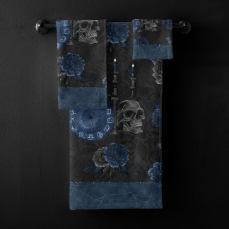 Conjunto De Toalhas Zodiac Magic | Marinho escuro Rosas de crânio góti
