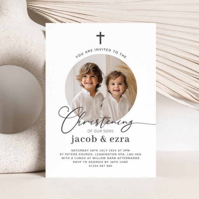 Conjuntos de Fotografias Redondas Convite de Natal (Round Photo Joint Boys Christening Invitation)