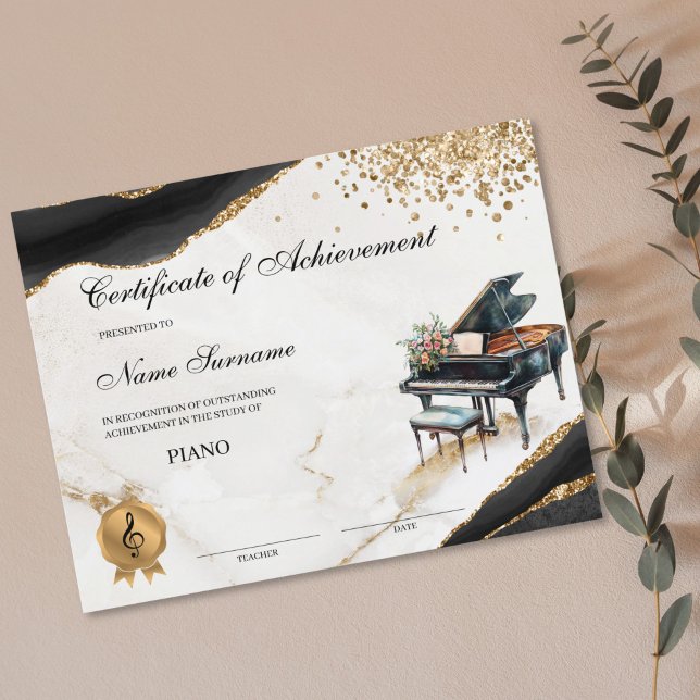 Conquista do Considerando da Escola de Música com  (piano recital certificate with watercolor piano and flower bouquet)
