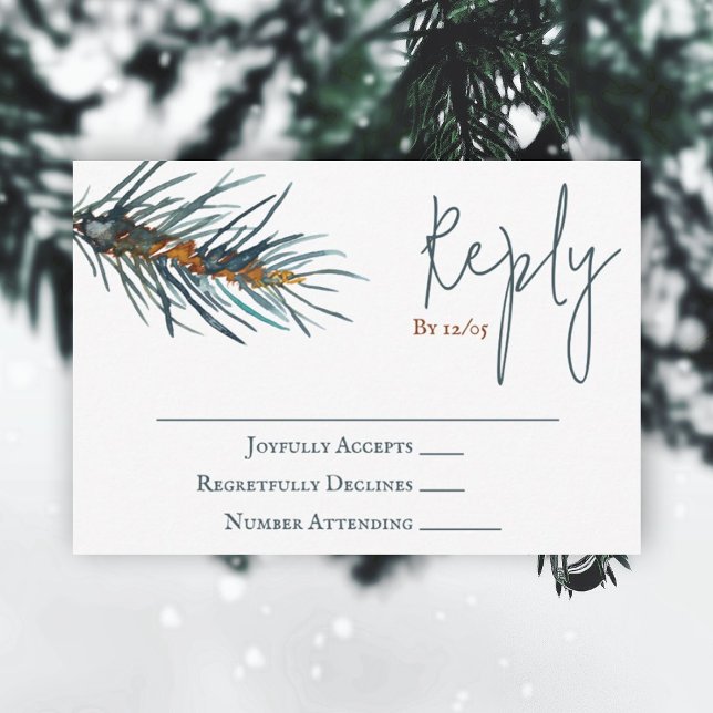 Conselho Cartão RSVP de Casamento de Agulhas de Pinheiro Ve (rustic brown forest green pine tree watercolor reply wedding rsvp enclosure card winter green brown)