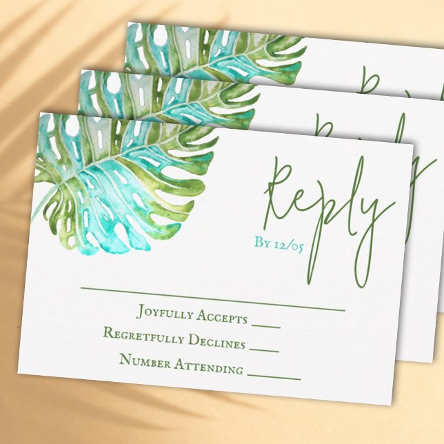 Conselho Cartão RSVP de Casamento Monstera Leaf Tropical (Watercolor light green and turquoise monstera leaf wedding RSVP reply card)