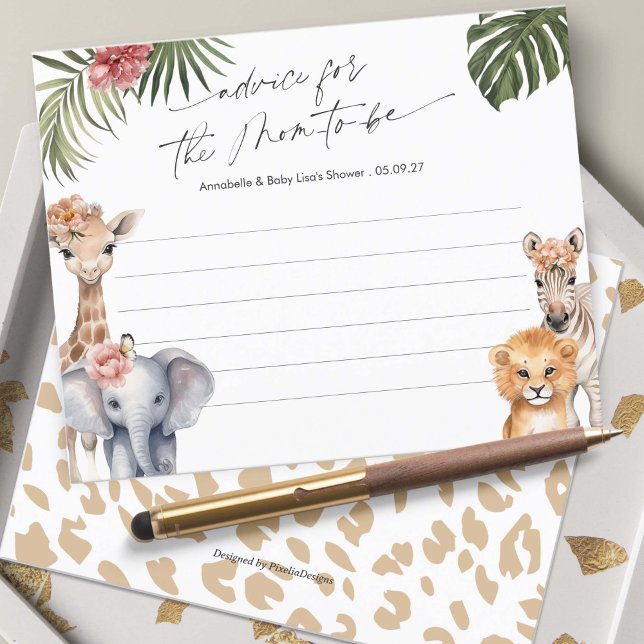 Conselhos bonito de Animais Cutos de Safari para C (Baby Girl Shower Safari Themed Advice for the mom-to-be cards.)