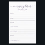 Conselhos e Desejos Espanhol<br><div class="desc">Estas folhas simples, modernas, minimalistas, de cor roxa empoeirada e escrita à mão Consejos y Deseos são perfeitas para ter no chá de noiva, jantar de ensaio ou para que os convidados do casamento preencham para o casal feliz. As pessoas vão adorar ter as dicas - elas tornam muito fácil...</div>