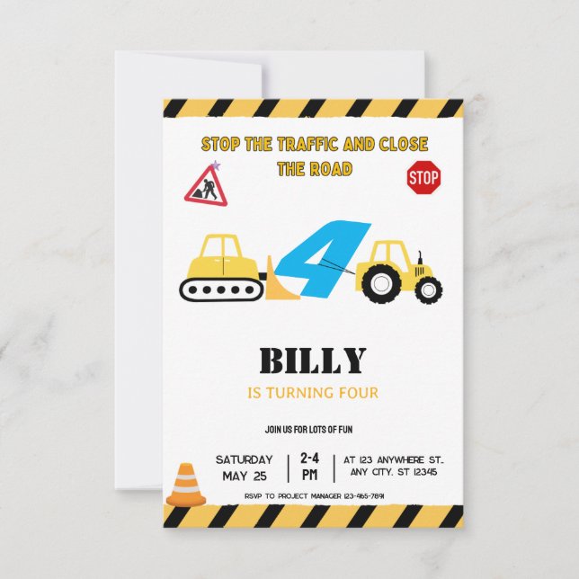 Construção Amarela 4º Convite de Aniversário (Frente)