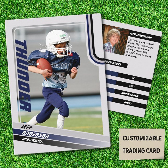 Contato Cartão Azul Americano De Futebol Para Crianças (American Football Player Trading Card for Kids in Grey with Custom Team and Player Name Blue)