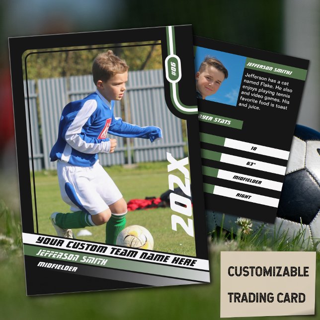 Contato Cartão comercial do jogador de futebol em verde pr (Soccer Player Trading Card in Black with Custom Team Name and Green White Elements)