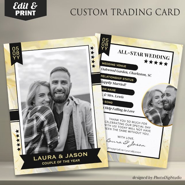 Contato Cartão de Casal Personalizado, Casamento Obrigado (Wedding Trading Card Template, Custom Couple Trading Card, Wedding Thank You Card Gold & Black)