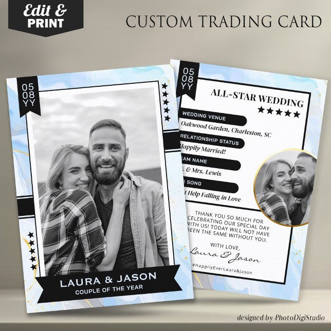 Contato Cartão de Casal Personalizado, Casamento Obrigado (Wedding Trading Card Template, Custom Couple Trading Card, Wedding Thank You Card Blue Gold & Black)