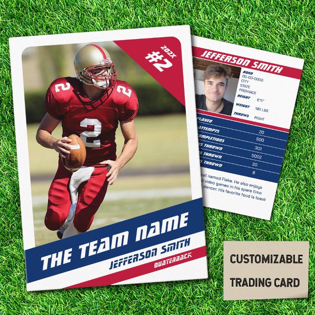 Contato Cartão de Comércio da Equipe Americana de Futebol  (American Football Player Trading Card in White with Custom Team Name with Blue Red Stripes
)