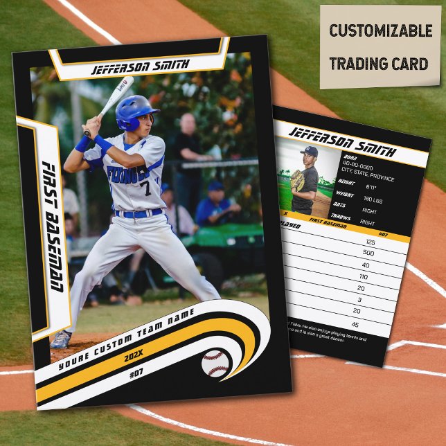 Contato Cartão de Comércio de Beisebol Amarelo-Amarelo-Viv (Baseball Player Trading Card in Black with Custom Team Name and White Yellow Elements)