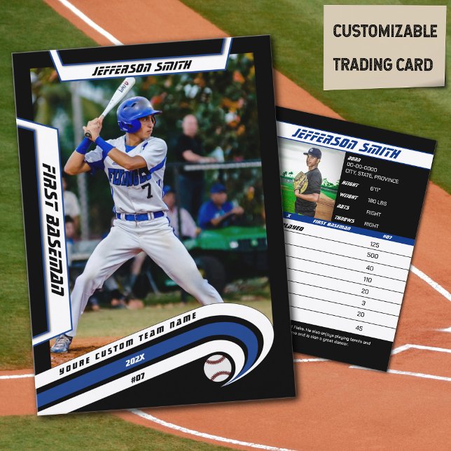 Contato Cartão de Comércio de Beisebol Azul-Negro (Baseball Player Trading Card in Black with Custom Team Name and White Blue Elements)