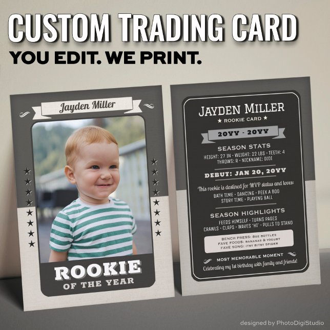 Contato Cartão de Comércio de primeiros aniversarios de Ba (Custom Rookie Trading Card, First Birthday Retro Rookie Card)