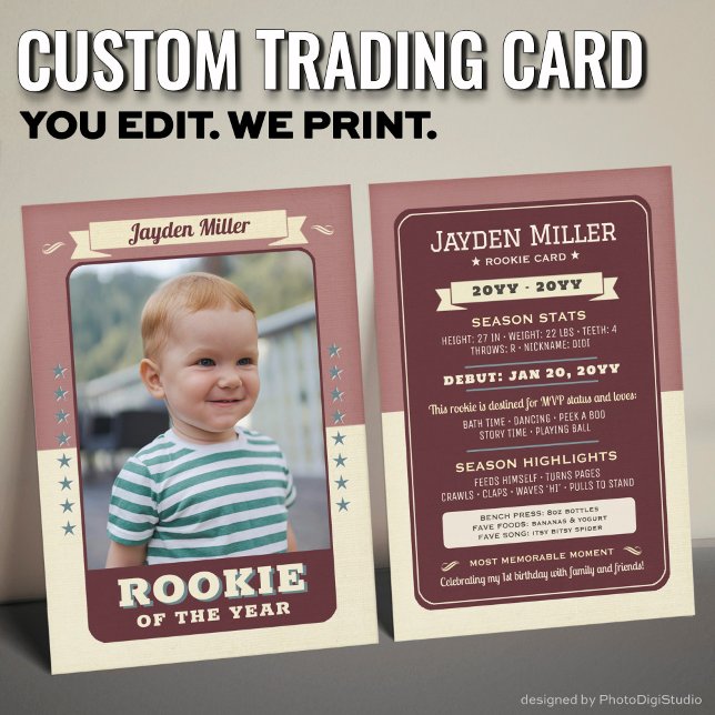 Contato Cartão de Comércio de primeiros aniversarios de Ba (Custom Rookie Trading Card, First Birthday Retro Rookie Card Girlie cards)