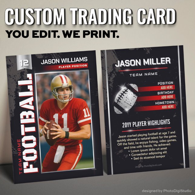 Contato Cartão de Futebol Personalizado, Cartão de Jogador (Custom Football Trading Card, Red Power Player Card)
