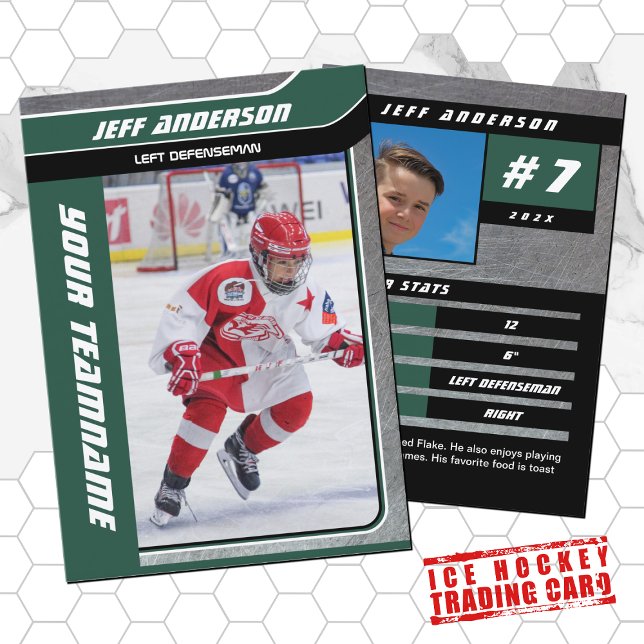 Contato Cartão de Hóquei no Gelo Verde (Hockey Trading Card with custom team name and hockey player name in Green and Black)