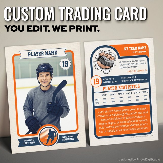 Contato Cartão de Hóquei Personalizado, Cartão Vintage Pla (Vintage Custom Hockey Trading Card, Orange Player Card)