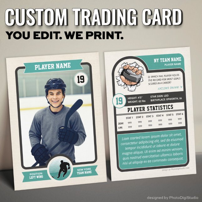 Contato Cartão de Hóquei Personalizado, Cartão Vintage Pla (Vintage Custom Hockey Trading Card, Teal Player Card)