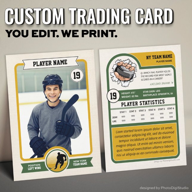 Contato Cartão de Hóquei Personalizado, Cartão Vintage Pla (Vintage Custom Hockey Trading Card, Green Player Card)