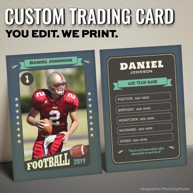 Contato Cartão de Jogador de Cartão de Futebol Personaliza (Custom Football Trading Card, Teal Retro Player Card)
