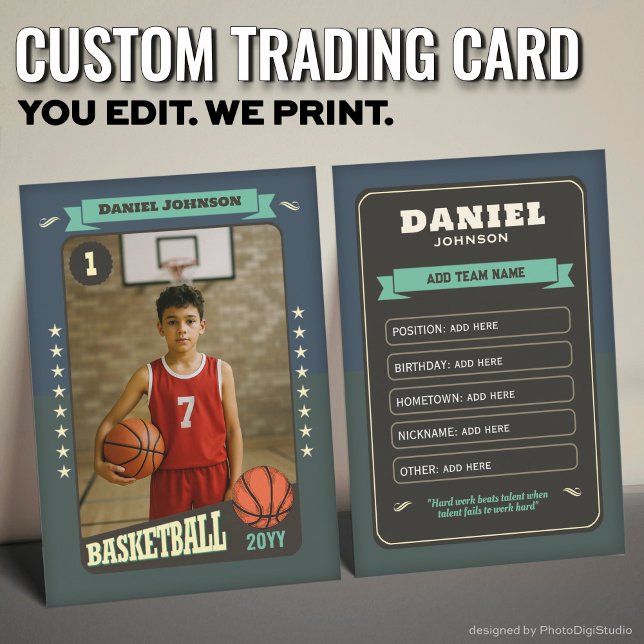 Contato Cartão de Jogador Personalizado para Placa Comerci (Custom Basketball Trading Card, Teal Retro Player Card)