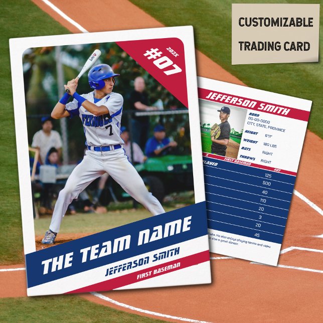 Contato Cartão de Negociação da Equipe de Basebol Azul (Baseball Player Trading Card in White with Custom Team Name and Red White Blue Elements)