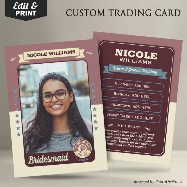 Contato Cartão de Negociação de Noiva da Equipe Personaliz (Custom Team Bride Trading Card, Bridesmaids Gifts Maid of Honor Trading Card, Retro Wedding Cards)