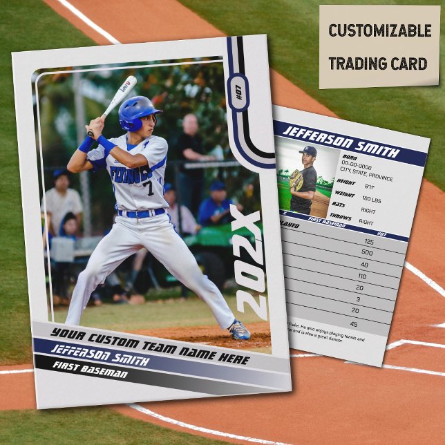 Contato Cartão de Negociação do Jogador de Baseball com Ci (Baseball Player Trading Card in Light Grey with Custom Team Name and Blue and Black Elements)