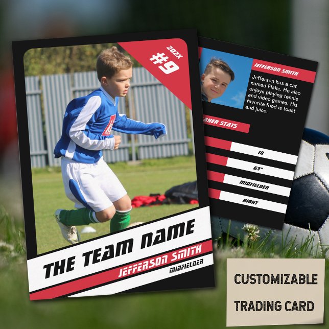 Contato Cartão de Negociação do Jogador de Futebol em Verm (Soccer Player Trading Card in Black with Custom Team Name and Red White Elements)