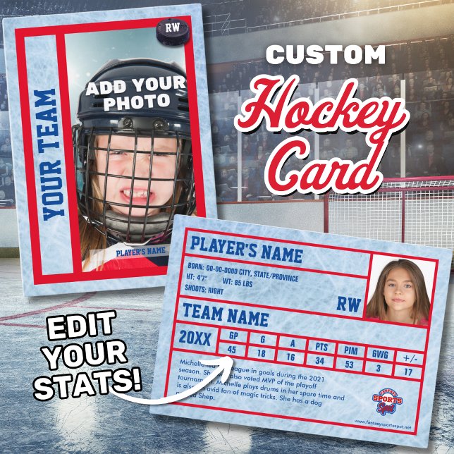 Contato Cartão de Negociação do Jogador de Hóquei Souvenir (Hockey trading card with customizable stats, including goals (G), assists (A), and points (PTS).)