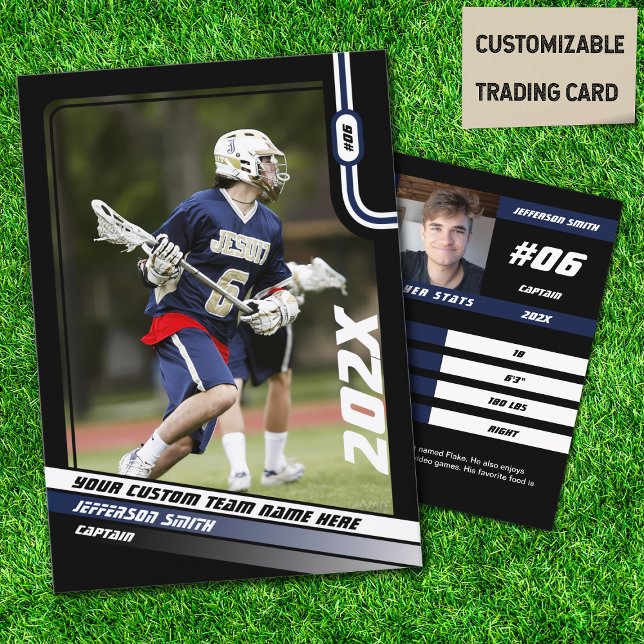 Contato Cartão de Negociação do Jogador de Lacrosse com Az (Lacrosse Player Trading Card in Black with Custom Team Name and Blue White Elements)