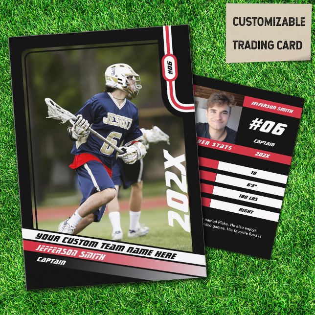 Contato Cartão de Negociação do Jogador de Lacrosse em Ver (Lacrosse Player Trading Card in Black with Custom Team Name and Red White Elements)