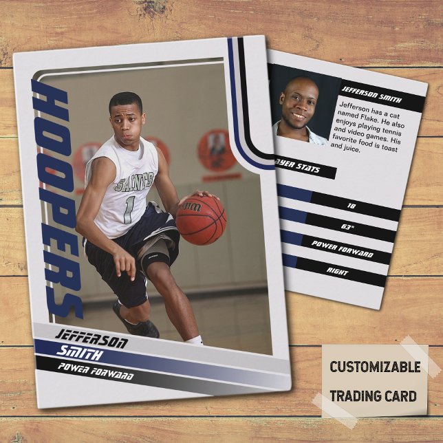 Contato Cartão de Negociação Personalizado do Jogador de B (Basketball Player Trading Card in Grey with custom team name and player name with Blue stripes
)