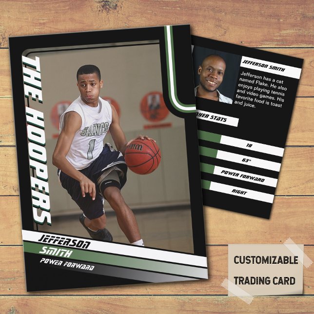 Contato Cartão de Negociação Preto Personalizado do Jogado (Basketball Player Trading Card in Black with custom team name and player name with Green stripes
)