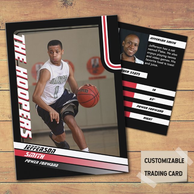 Contato Cartão de Negociação Preto Personalizado do Jogado (Basketball Player Trading Card in Black with custom team name and player name with Red stripes)