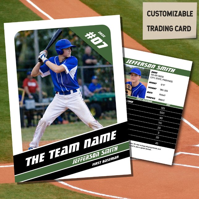 Contato Cartão de Presente de Cartão de Troca de Equipe de (Baseball Player Trading Card in White with Custom Team Name and Green and Black Elements)