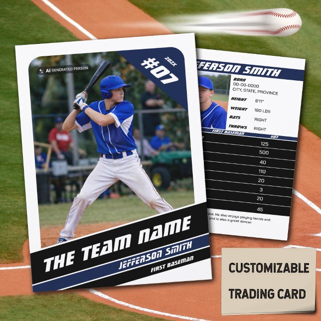 Contato Cartão de Presente de Cartão de Troca de Equipe de (Baseball Player Trading Card in White with Custom Team Name and White Blue Elements)