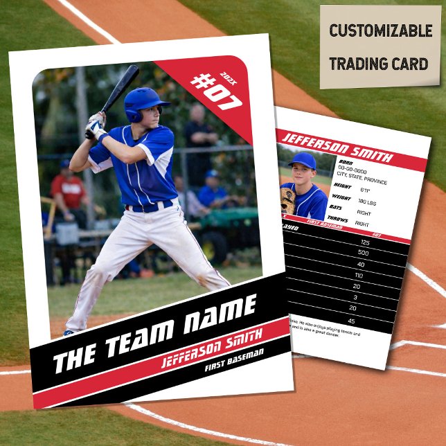 Contato Cartão de Presente do Time de Beisebol Vermelho Br (Baseball Player Trading Card in White with Custom Team Name and White Red Elements)