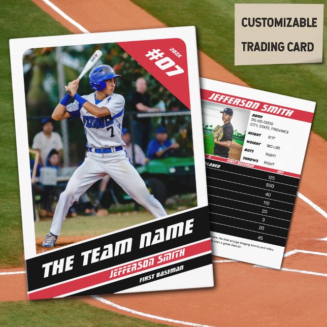 Contato Cartão de Transação da Equipe de Baseball com Pres (Baseball Player Trading Card in White with Custom Team Name and White Red Elements)