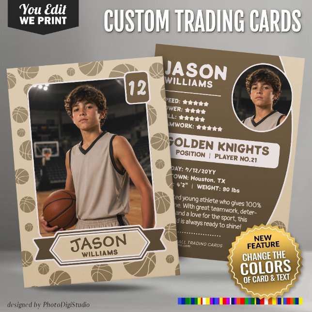 Contato Cartão de Troca de Basquete Personalizado, Cores E (Custom Basketball Trading Card, Editable Colors Player Card)
