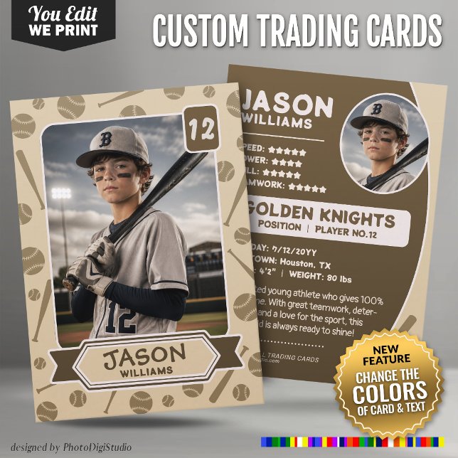 Contato Cartão de Troca de Beisebol Personalizado, Cores E (Custom Baseball Trading Card, Editable Colors Player Card)