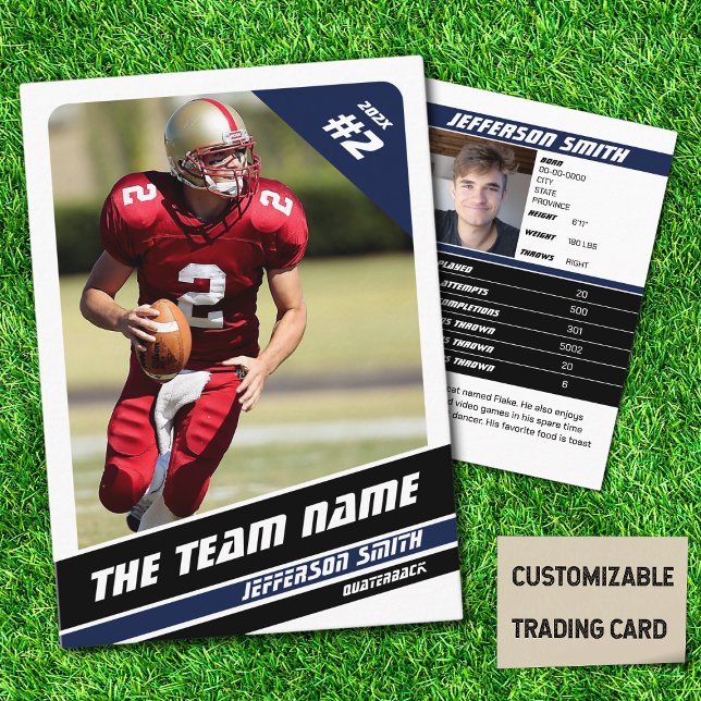 Contato Cartão de Troca de Equipe de Futebol Presente Azul (American Football Player Trading Card in White with Custom Team and Player Name with Blue Stripes
)