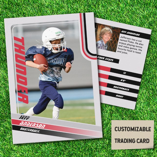 Contato Cartão de Troca de Futebol Americano Vermelho para (American Football Player Trading Card for Kids in Grey with Custom Team and Player Name Red)
