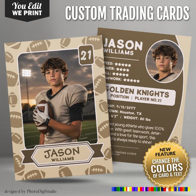 Contato Cartão de Troca de Futebol Personalizado, Cores Ed (Custom Football Trading Card, Editable Colors Player Card)